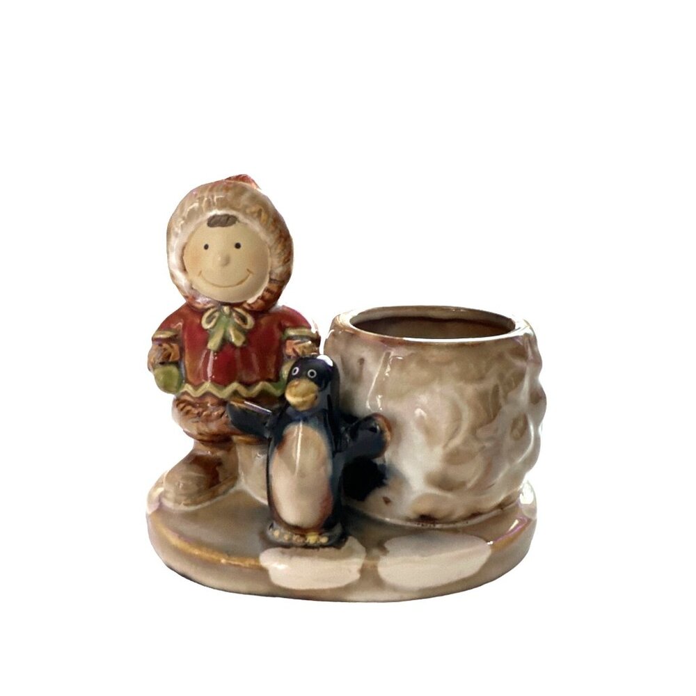 Yankee Candle Christmas Votive Candle Holder Eskimo Girl Penguin VINTAGE